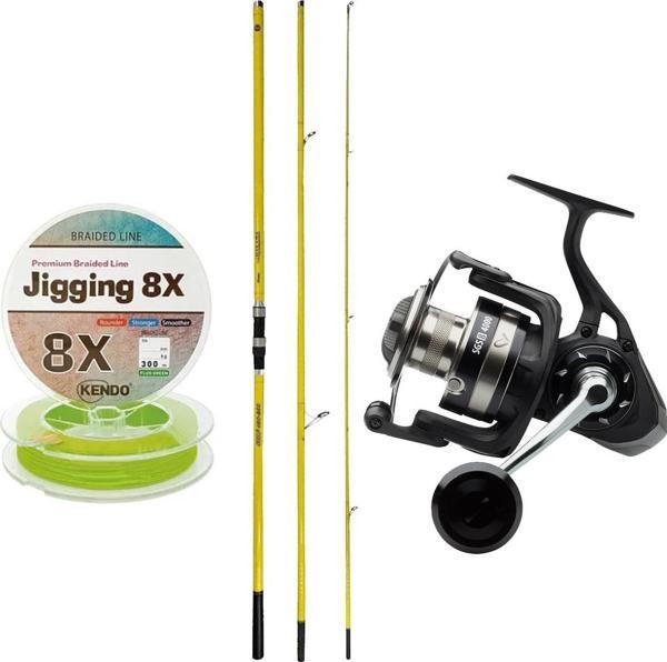 YekOutdoor Profesyonel Olta Seti Okuma Makaira Surf 4,50 cm 100-250 3 Parça Yellow Surf Kamışı&Savage Gear SGS8 8000 FD  - Image 1