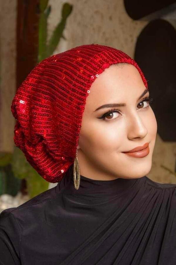 Kırmızı Payetli Çağla Abiye Hazır Türban Bone - Image 1