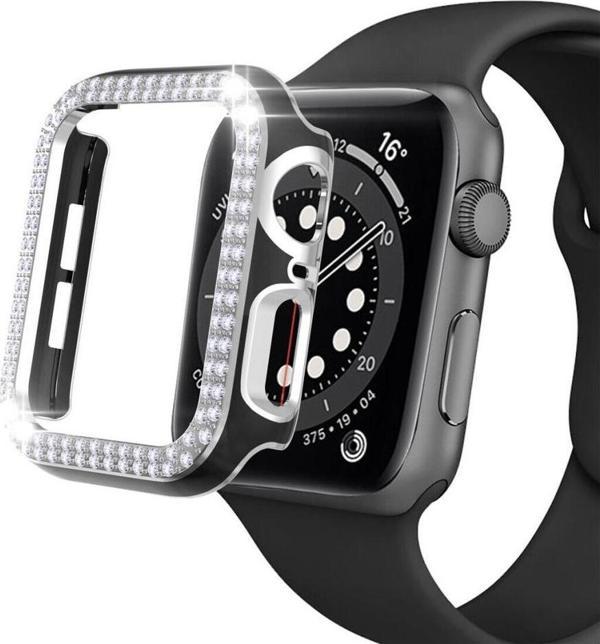 Apple Watch 7 41mm Uyumlu Çift Sıra Parlak Taşlı Rubber Kasa Kapak - Image 1