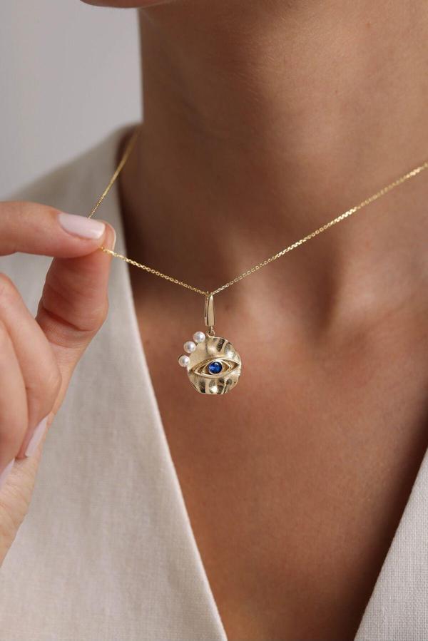 Heritage İnci & Lacivert Taşlı Göz Charm Kolye 55 cm - Image 1