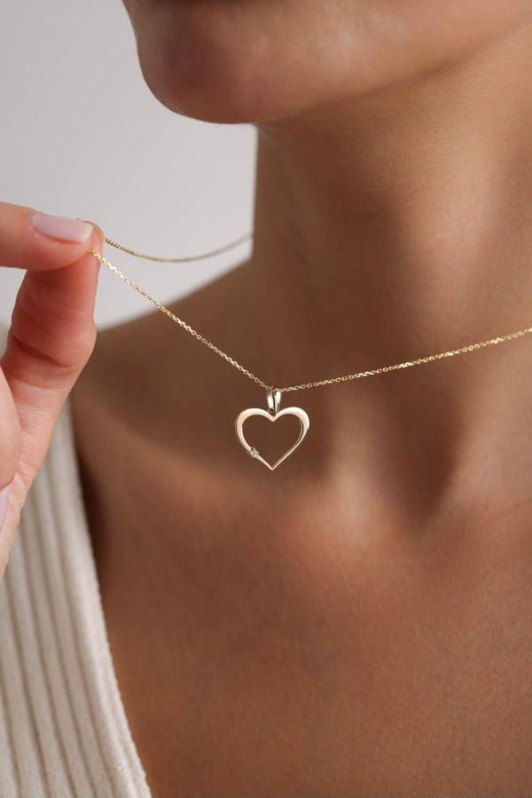 Tek Taşlı Lines Kalp Kolye 50 cm - Image 1