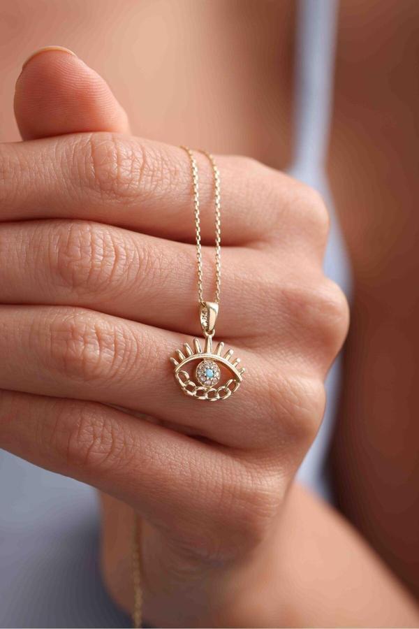 Zincir Detaylı Mavi Beyaz Taşlı Kirpikli Göz Kolye 50 cm - Image 1