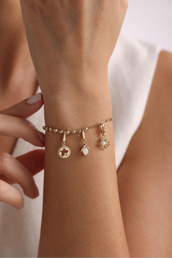 Opal Taşlı Penguen & Taşlı Yıldız & İnci Deniz Kabuğu Charm Bileklik - Image 1