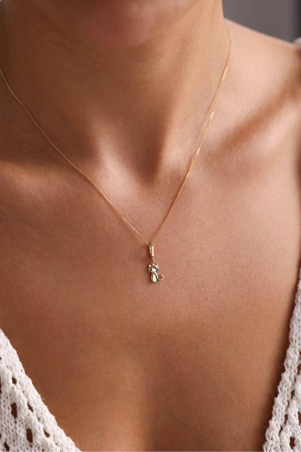 Siyah Taşlı Kedi Kilitli Charm Kolye 55 cm - Image 1