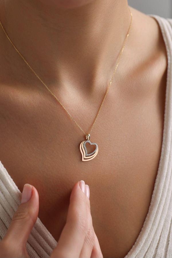 Taşlı 3 Renk Triple Kalp Kolye 50 cm - Image 1