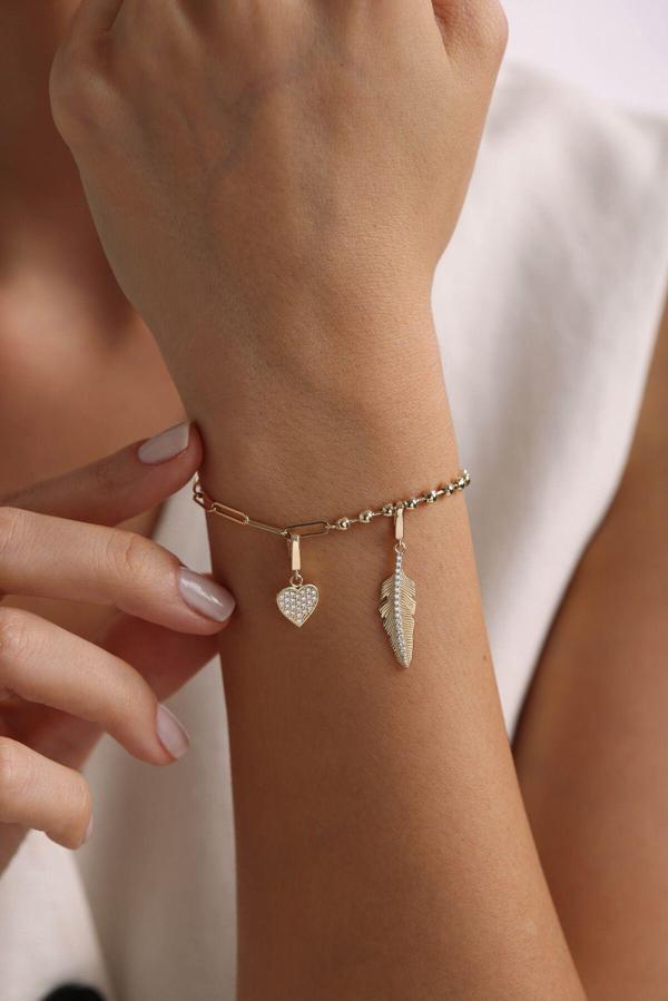 Taşlı Tüy & Taşlı Kalp Charm Bileklik - Image 1