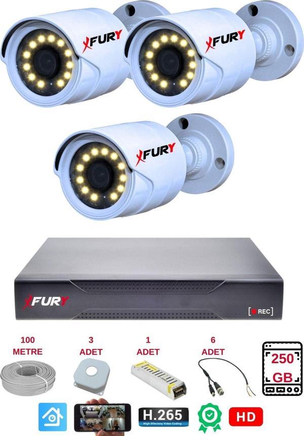 FURY 3 Lü Gece Renkli Görüş Güvenlik Kamerası Full Hd-Su Geçirmez Güvenlik Kamerası Seti 250GB - Image 1