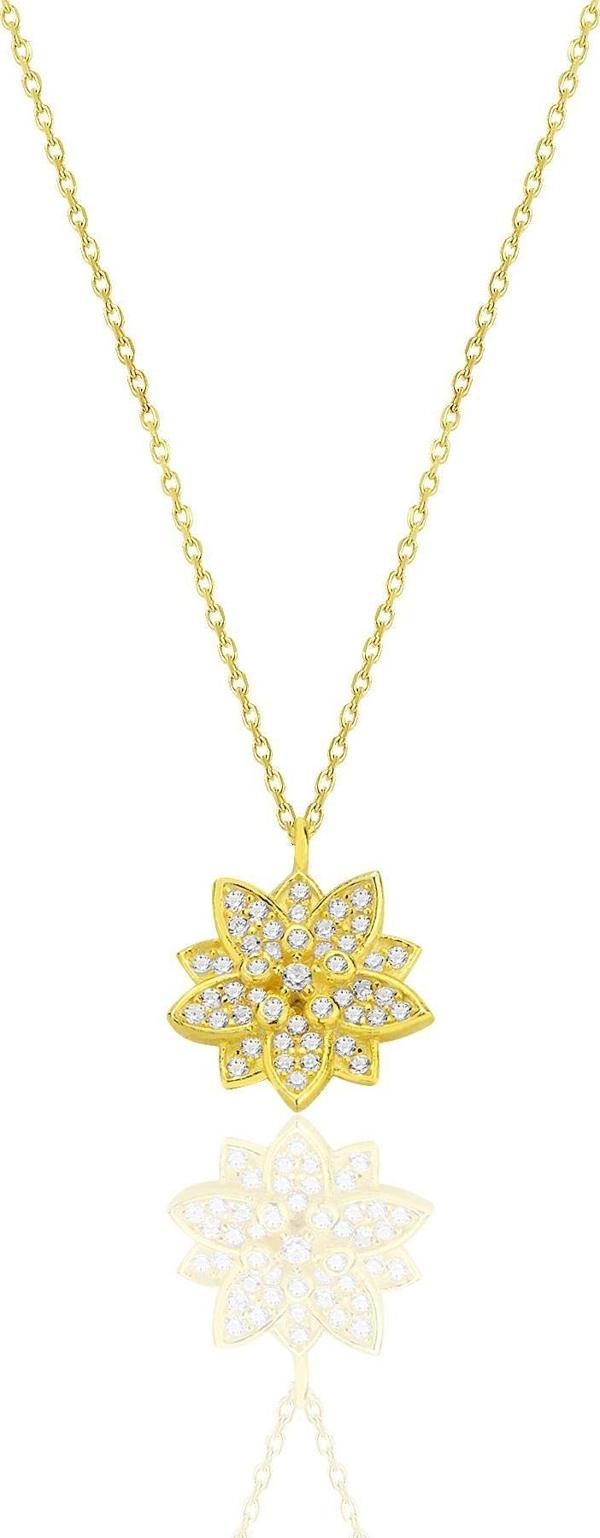 Gümüş altın yaldızlı zirkon taşlı lotus çiçeği kolye [barcode] - Image 1