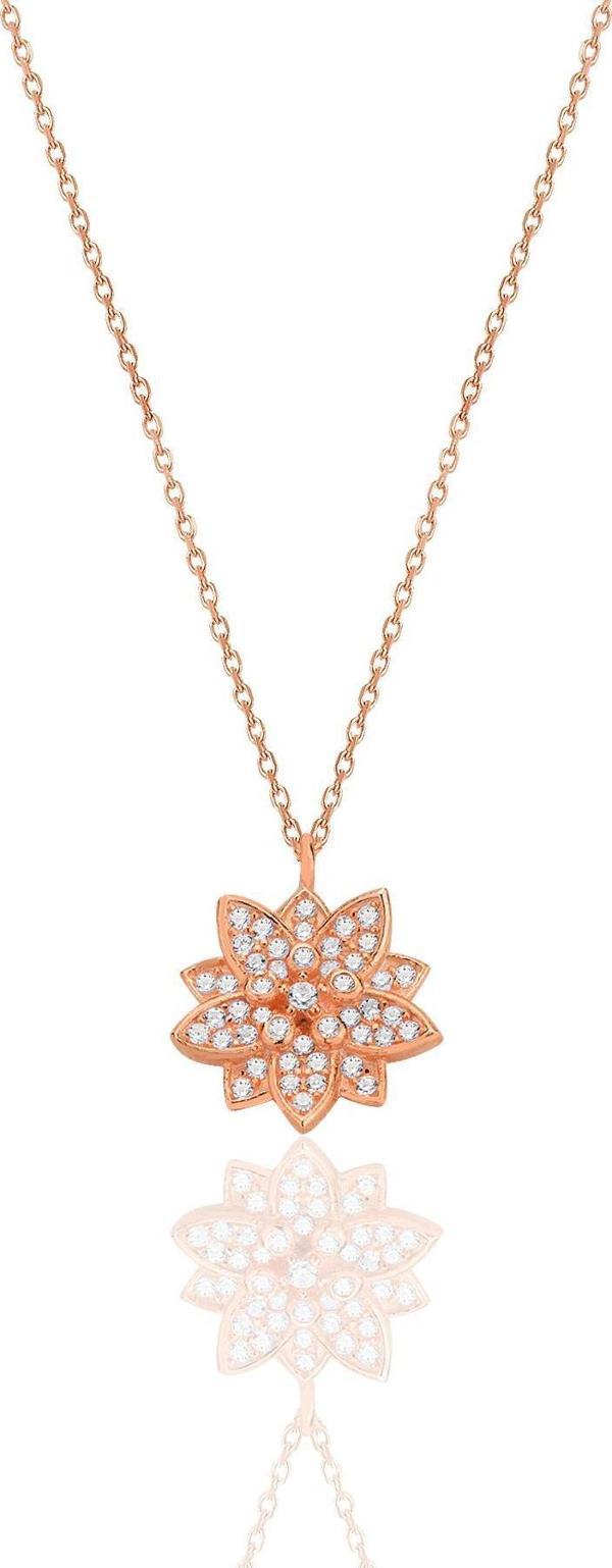 Gümüş rose zirkon taşlı lotus çiçeği kolye [barcode] - Image 1