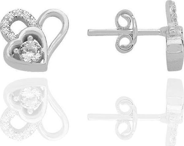 Gümüş rodyumlu zirkon taşlı birleşen kalpler küpe [barcode] - Image 1