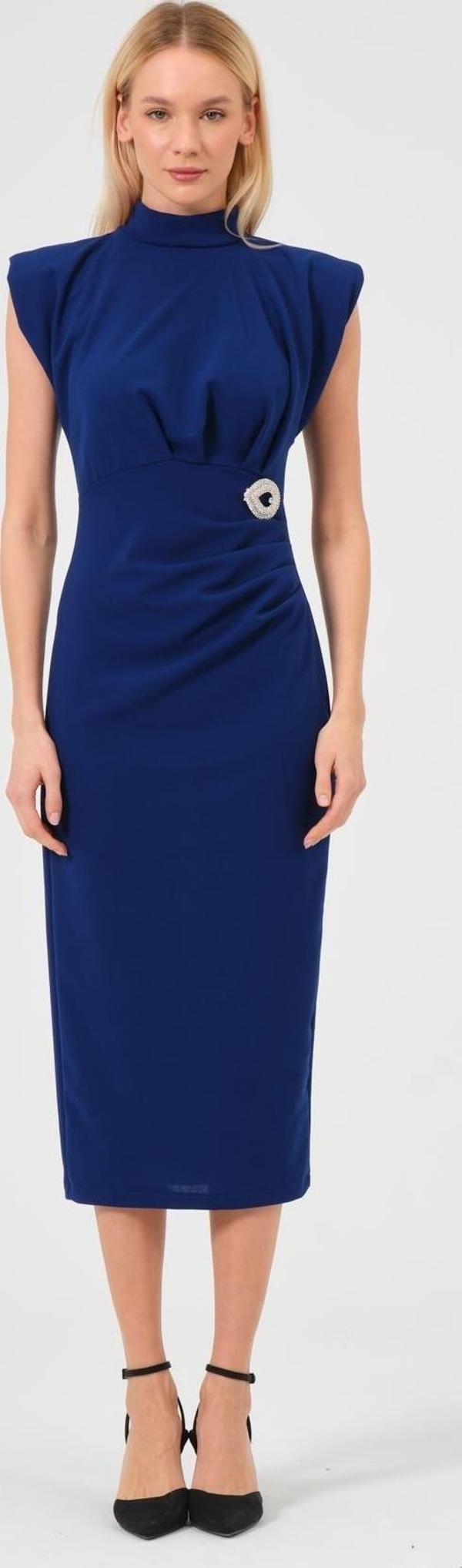 Kadın Mavi Drape Detaylı Vatkalı Broş Detaylı Elbise  - Image 1