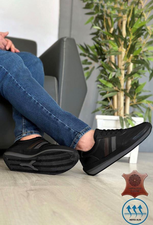 Big King Siyah Siyah Hakiki Deri Erkek Spor Ayakkabı - Image 1