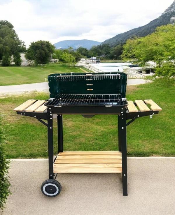 Tekerlekli Kömürlü Mangal Iki Ahşap Sehpalı Raflı 4 Adet Kancalı Mangal - Image 1