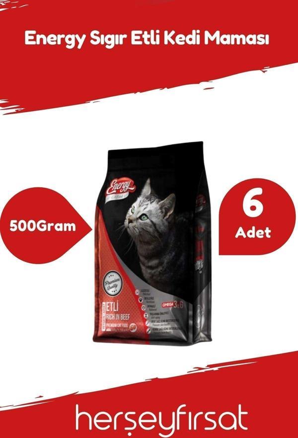 Energy Sığır Etli Yetişkin Kedi Maması 500 Gram-6 Adet - Image 1