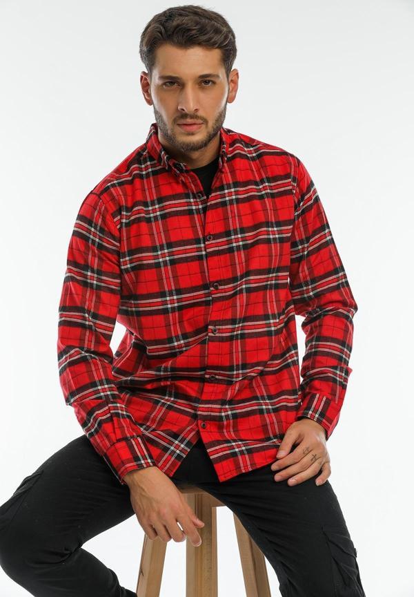 Yaka Düğmeli Kareli Flanel Oduncu Cepsiz Ekose Erkek Gömlek - Image 1