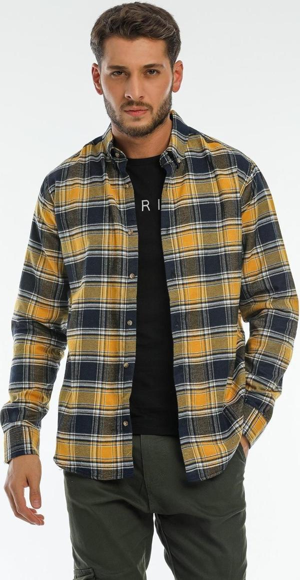 Yaka Düğmeli Kareli Flanel Oduncu Cepsiz Ekose Erkek Gömlek - Image 1
