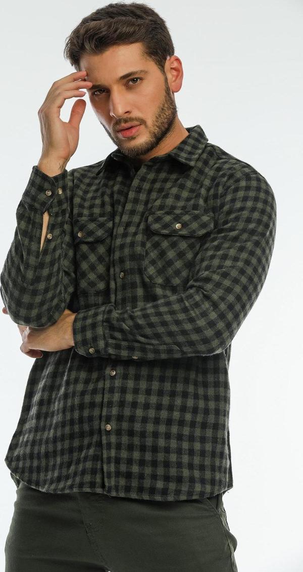 Çift Cep Kapaklı Oversize Kareli Kalın Ekose Oduncu Erkek Gömlek Ceket Shacket - Image 1