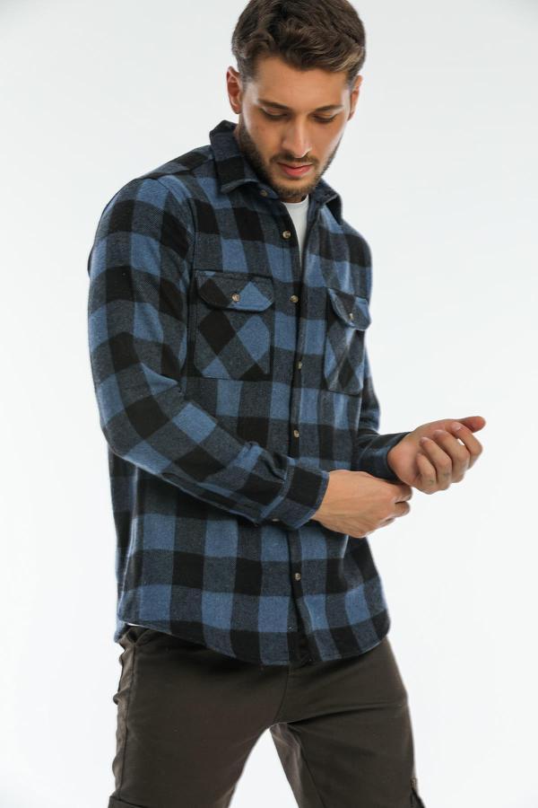 Çift Cep Kapaklı Oversize Kareli Kalın Ekose Oduncu Erkek Gömlek Ceket Shacket - Image 1