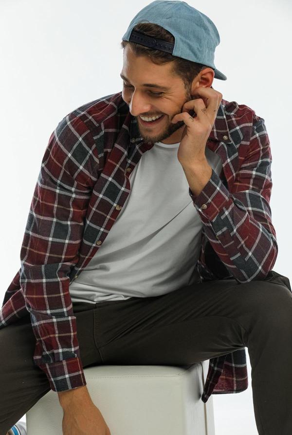 Yaka Düğmeli Kareli Flanel Oduncu Cepsiz Ekose Erkek Gömlek - Image 1