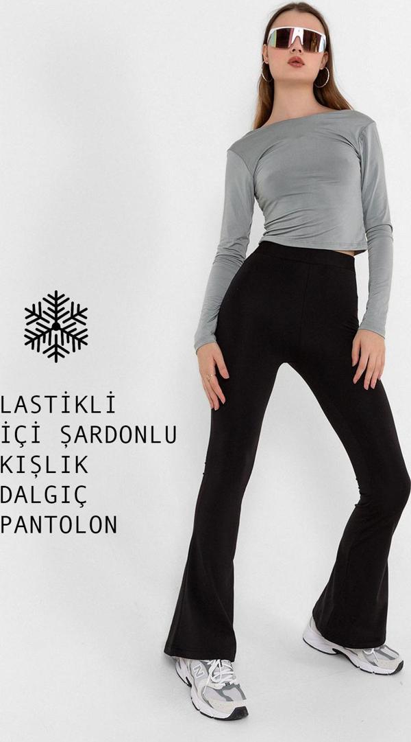 Warm bootcut geniş paça lastikli şardonlu kışlık  dalgıç  kadın pantolon - Image 1