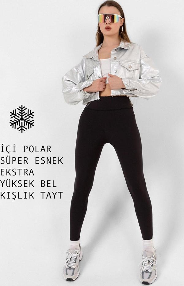 Ekstra Yüksek Bel Toparlayıcı Karyoka Dikişli Kışlık içi Polar Push up Kadın Tayt @Simena - Image 1