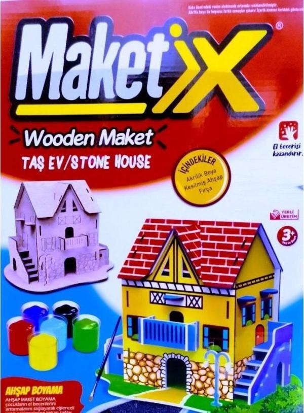 VIP MAKET BOYANABİLİR AHŞAP TAŞ EV 6 RENK AKRİLİK BOYA AHŞAP EĞİTİCİ OYUNCAK AHŞAP BOYAMA AHŞAP EV - Image 1