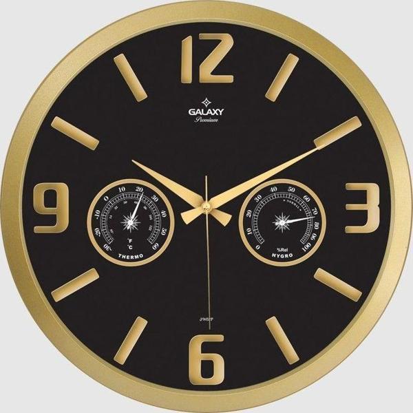 Galaxy 705 Premium Serisi Termometre ve Baramotre Özellikli Kabartma Rakamlı Ev ve Ofis Duvar Saati Gold-Siyah - Image 1