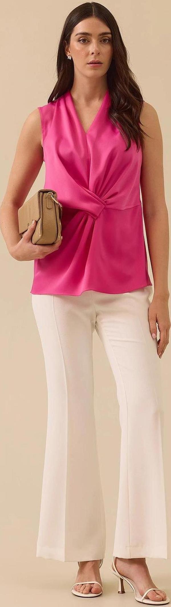 Seçil Kadın V Yaka Drapeli Düğüm Detaylı Bluz 0006 Fuşya - Image 1