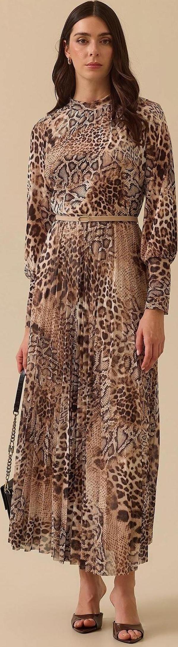 Seçil Kadın Leopar Desen Kemer Detaylı Maksi Elbise 0025 Camel - Image 1