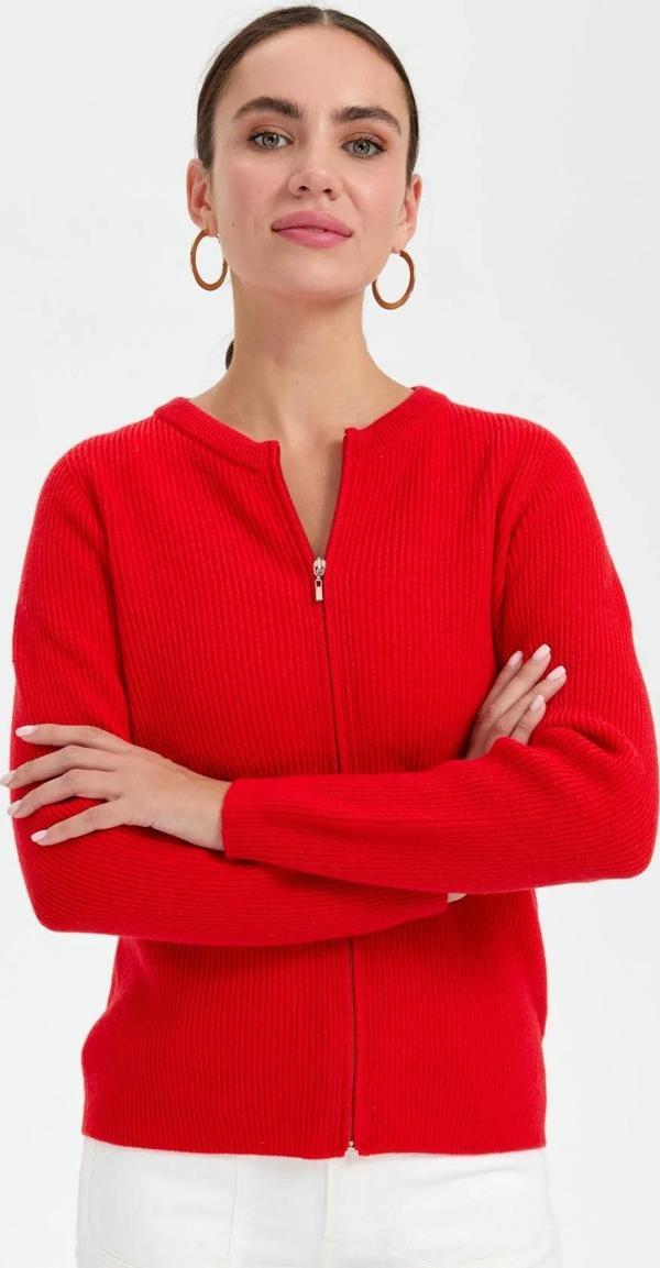 Desen Triko Kadın Sıfır Yaka Dikişsiz Fermuarlı Yün Hırka 24219 Mercan - Image 1