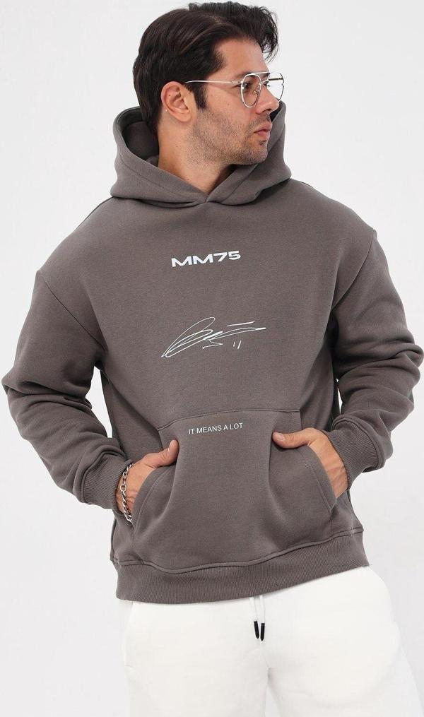 The Champ Clothing Kapüşonlu Içi Polar Mm75 Baskılı Füme Oversize Hoodie Sweatshirt - Image 1