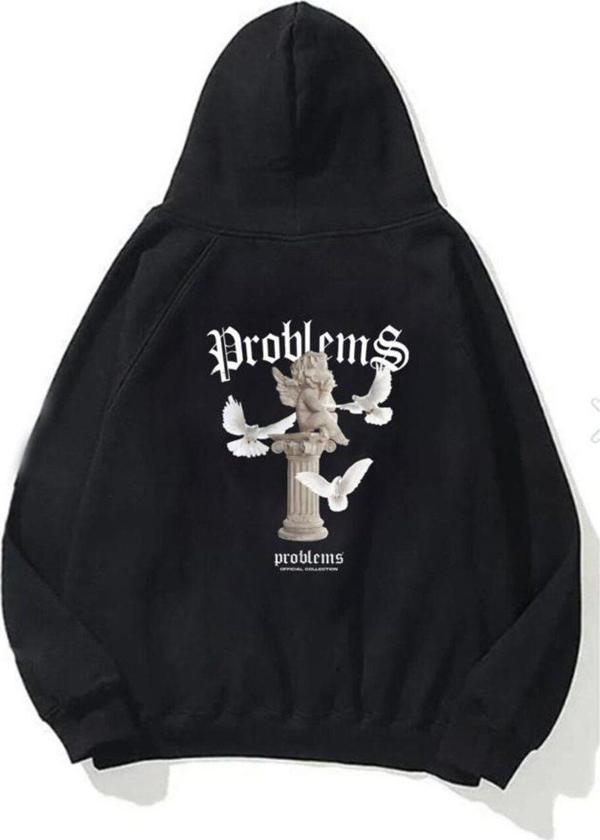 The Champ Clothing Kapüşonlu Içi Polar Problems Yazılı Heykel Baskılı Siyah Unisex Hoodie Sweatshirt - Image 1