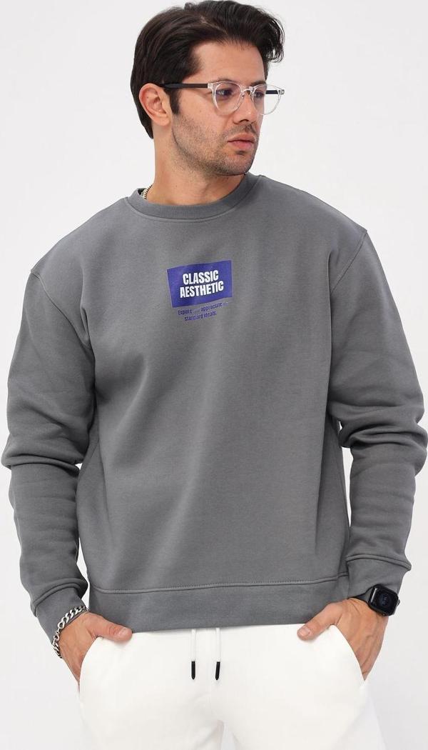 The Champ Clothing Bisiklet Yaka İçi Polar Classic Atlethic Yazı Baskılı Füme Oversize Hoodie Sweatshirt - Image 1