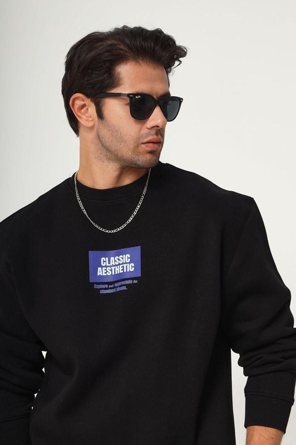 The Champ Clothing Bisiklet Yaka İçi Polar Classic Atlethic Yazı Baskılı Siyah Oversize Sweatshirt - Image 1