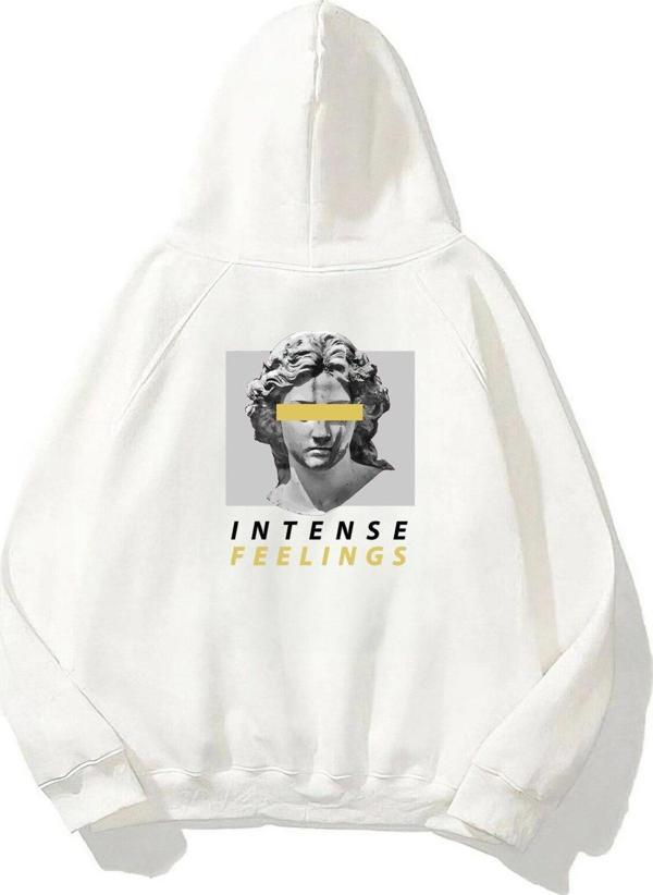 The Champ Clothing Kapüşonlu Içi Polar Intense Feelings Yazılı Heykel Baskılı Beyaz Hoodie Unisex Sweatshirt - Image 1