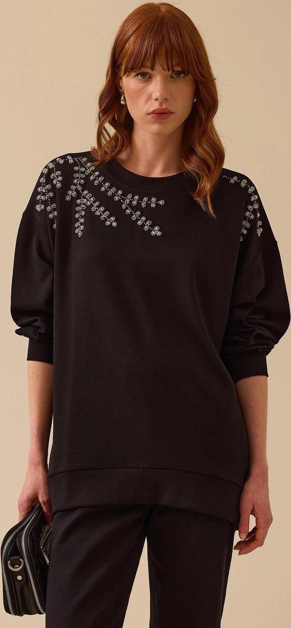 Seçil Kadın Yuvarlak Yaka Taş İşlemeli Sweatshirt 0002 Siyah - Image 1