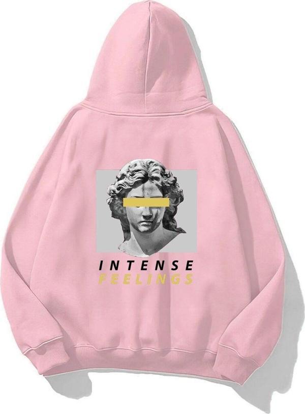 The Champ Clothing Kapüşonlu Içi Polar Intense Feelings Yazılı Heykel Baskılı Pembe Unisex Hoodie Sweatshirt - Image 1