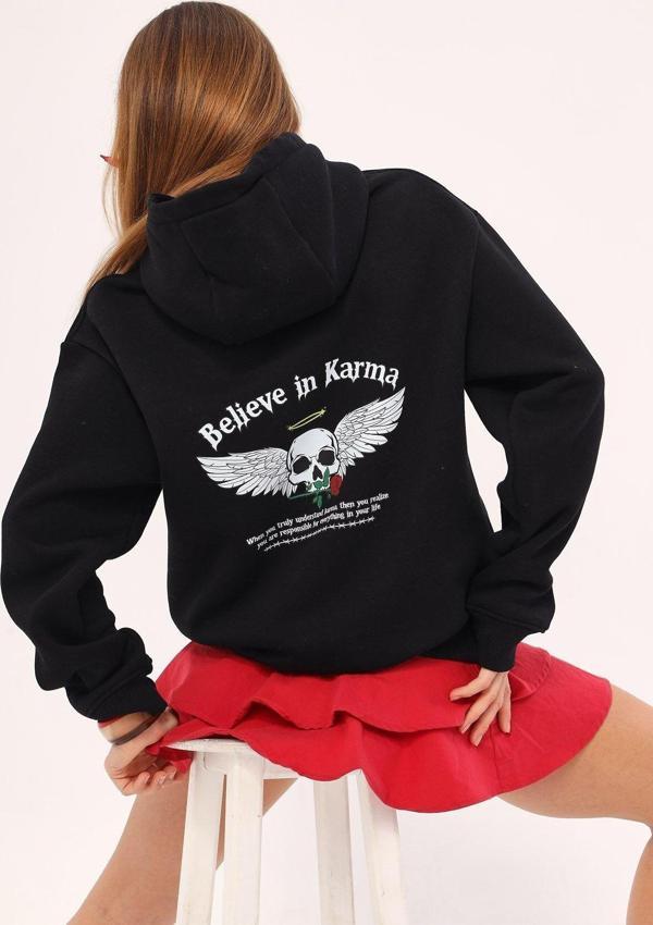 The Champ Clothing Kapüşonlu İçi Polar Believe İn Karma Baskılı Siyah Unisex Hoodie Sweatshirt - Image 1