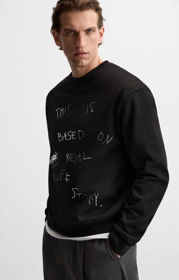 The Champ Clothing Bisiklet Yaka Içi Polar Life Story Yazı Baskılı Siyah Oversize Sweatshirt - Image 1