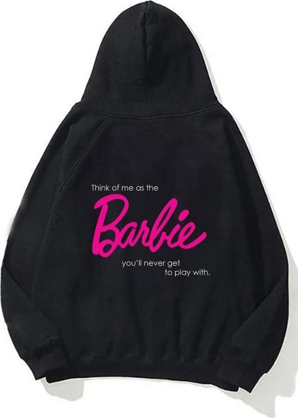 The Champ Clothing Kapüşonlu Içi Polar Think Of Barbie Baskılı Siyah Unisex Hoodie Sweatshirt - Image 1