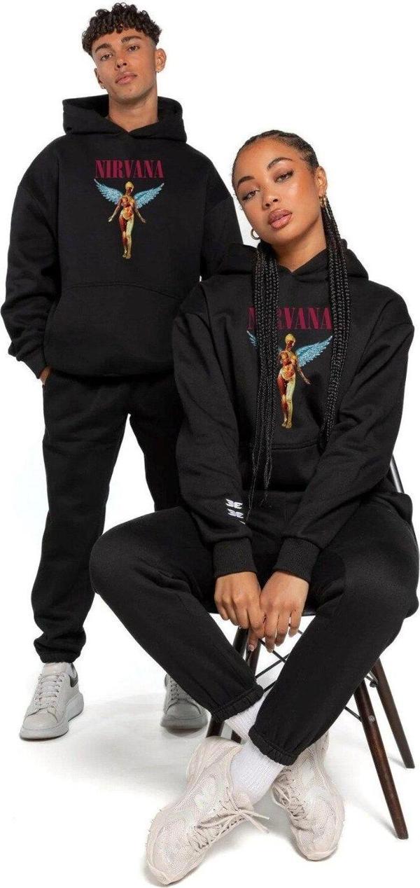 The Champ Clothing Kapüşonlu Içi Polar Nirvana Angel Baskılı Siyah Unisex Hoodie Sweatshirt - Image 1