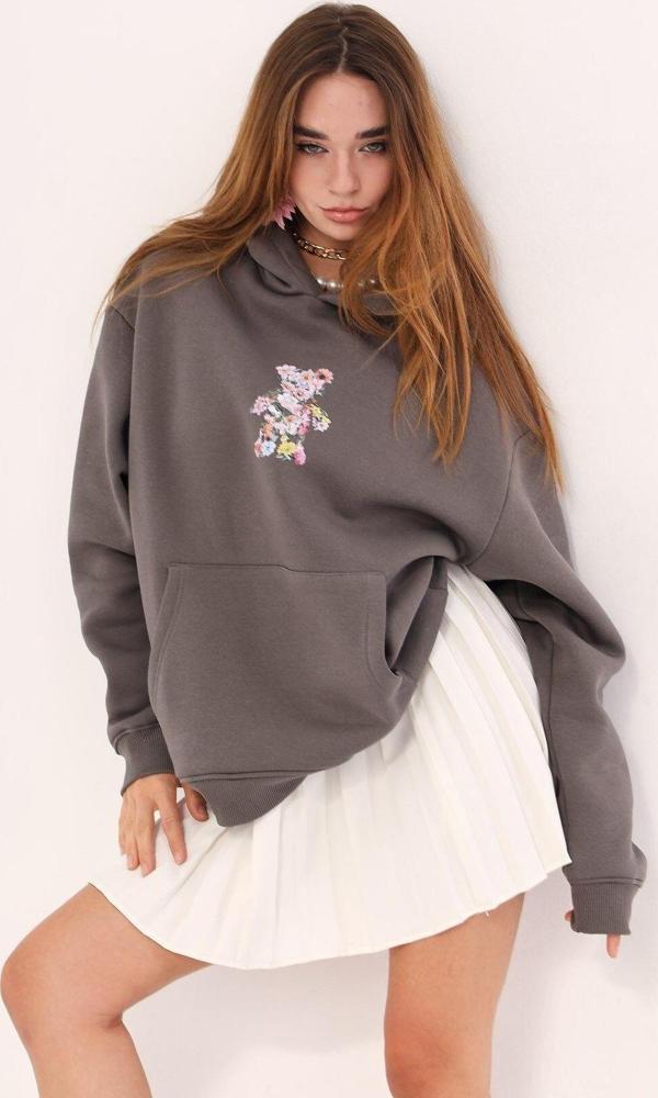 The Champ Clothing Kapüşonlu Içi Polar Çiçekli Teddy Bear Baskılı Füme Unisex Hoodie Sweatshirt - Image 1