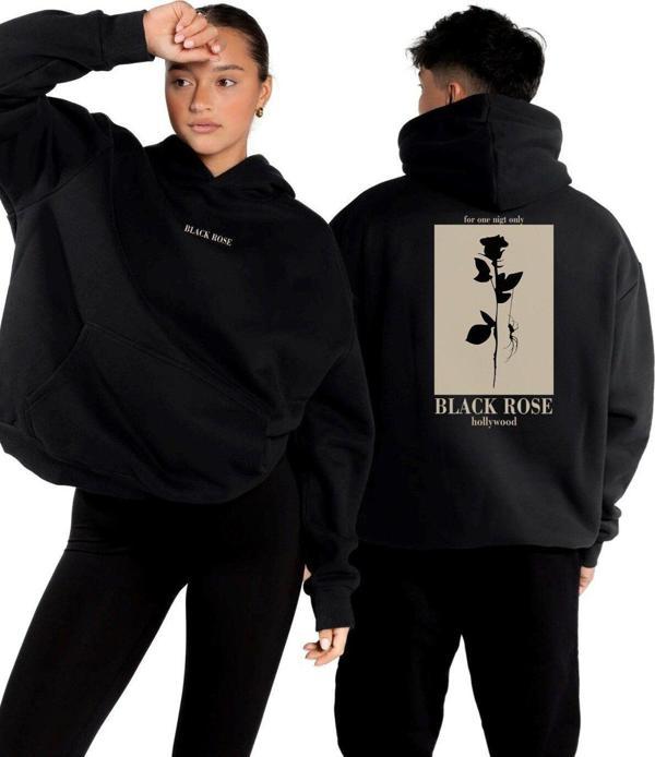 The Champ Clothing Kapüşonlu Içi Polar Black Rose Baskılı Siyah Unisex Hoodie Sweatshirt - Image 1