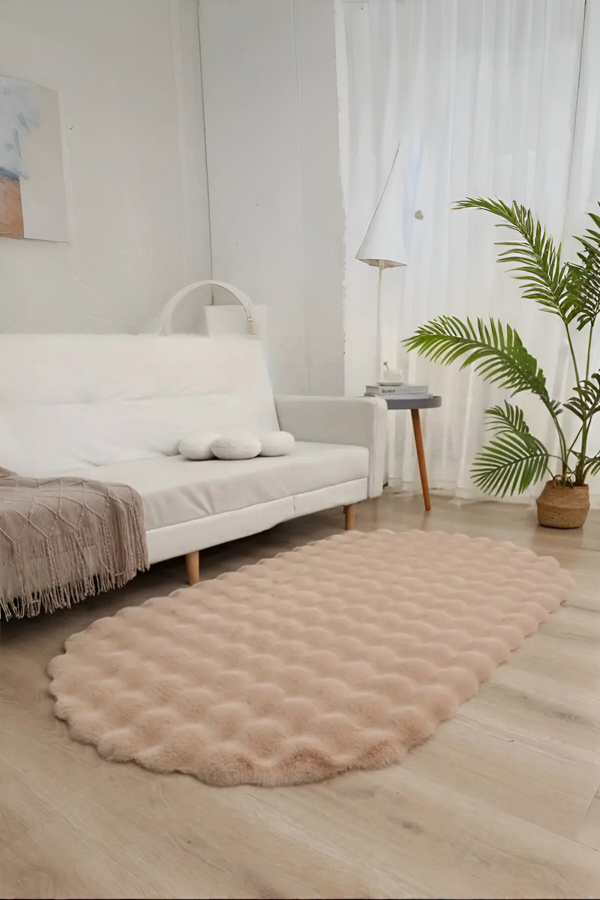 Bubble Oval Yumuşak Peluş Kaymaz Salon Oturma Odası Balkon Halısı Yolluk Bej - Image 1
