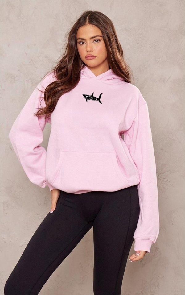 The Champ Clothing Kapüşonlu Içi Polar Shark Baskılı Pembe Oversize Hoodie Sweatshirt - Image 1