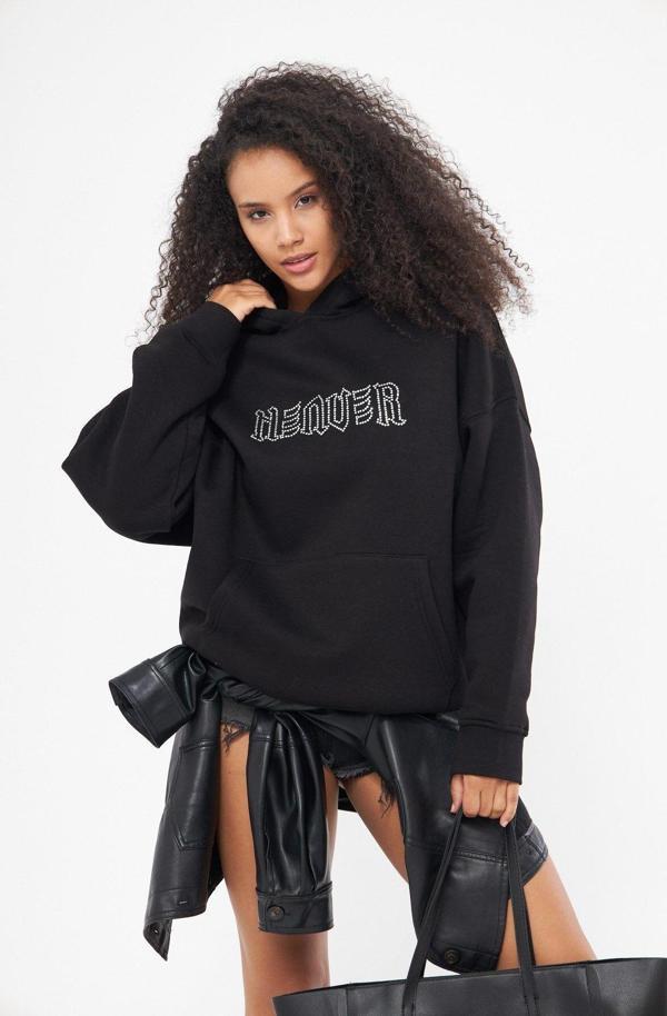 The Champ Clothing Heaven Yazılı Taş Baskılı Kapüşonlu İçi Polar Oversize Siyah Sweatshirt - Image 1