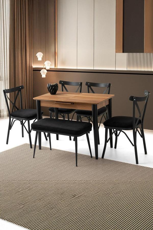 Mini 60 x 100 Milano Mdf Ortadan Açılır Masa 4 Ad Çapraz Sandalye 1 Ad sırtsız Mini Bench  - Image 1