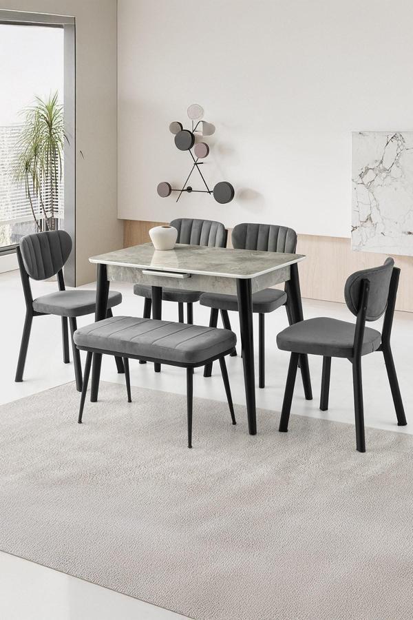 Mini 60 x 100 Milano Mdf Ortadan Açılır Masa 4 Ad Esinti Sandalye 1 Ad sırtsız Mini Bench  - Image 1