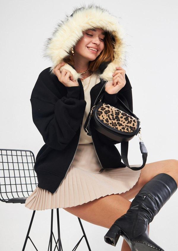 The Champ Clothing Siyah Kapüşonu Kürklü Fermuarlı Pamuklu Kadın Sweatshirt Hoodie - Image 1