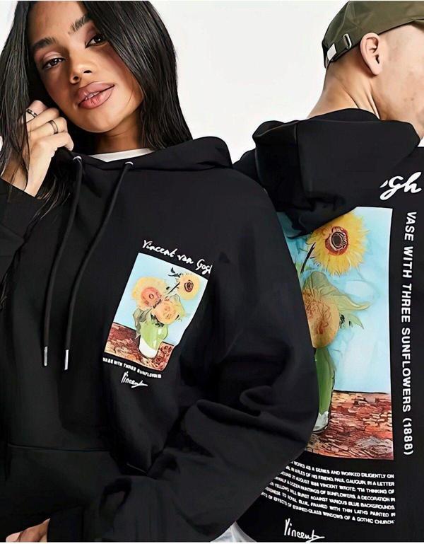The Champ Clothing Kapüşonlu Içi Polar Vincent Van Gogh Baskılı Füme Unisex Hoodie Sweatshirt - Image 1